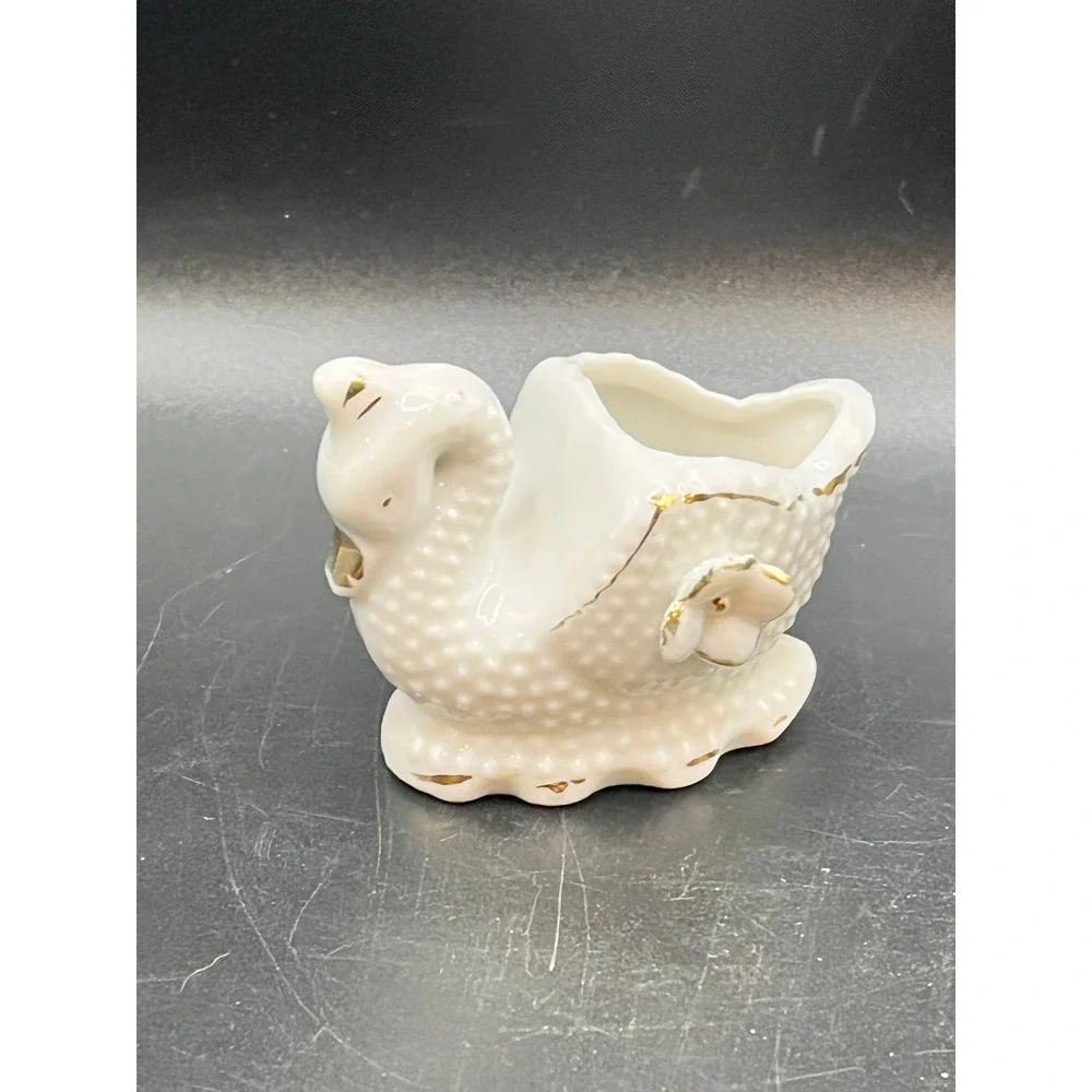 Vtg White Small Hobnail Ceramic Swan Planter Trinket Dish Gold Trim Japan 2x2.5